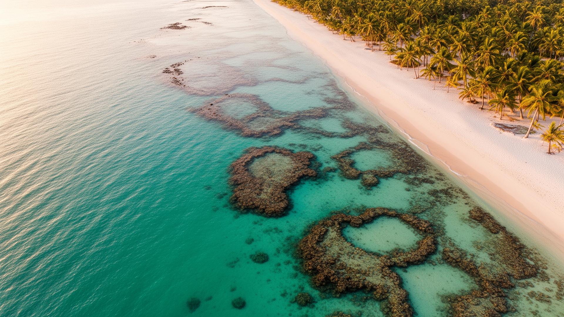 Vista aérea das piscinas naturais de coral em Japaratinga, Alagoas